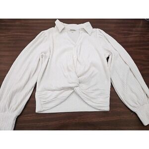 Amber Skies Women's L Ivory Textured Tie Front Blouse Long Sleeve Lightweight